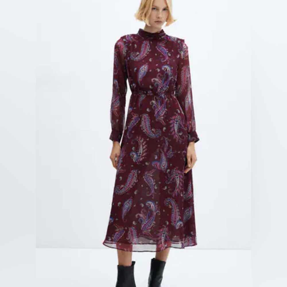 Mango long sleeve flowy paisley-print midi dress size XS